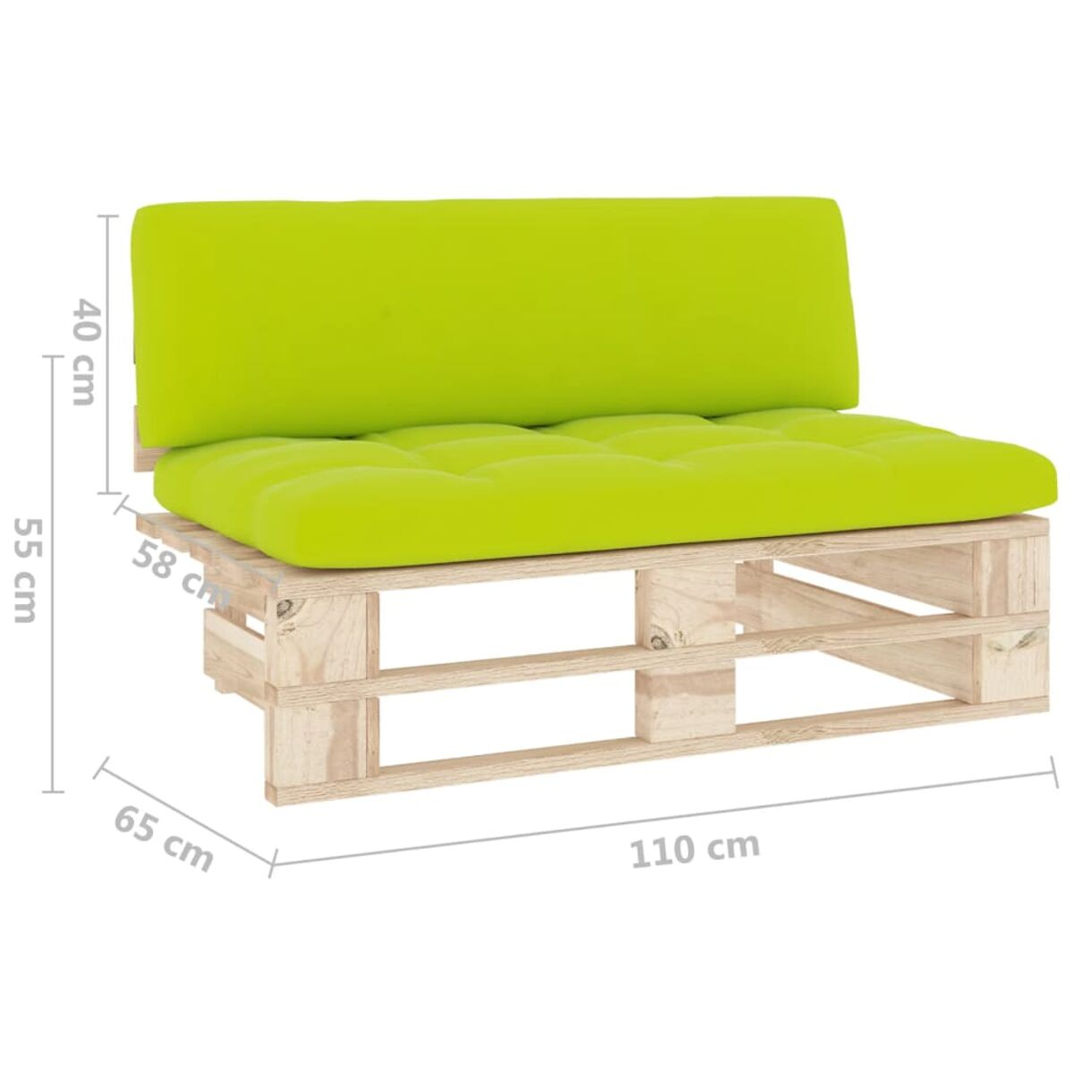 Palettensofa mit grünen Kissen. Abmessungen auf dem Bild angezeigt.