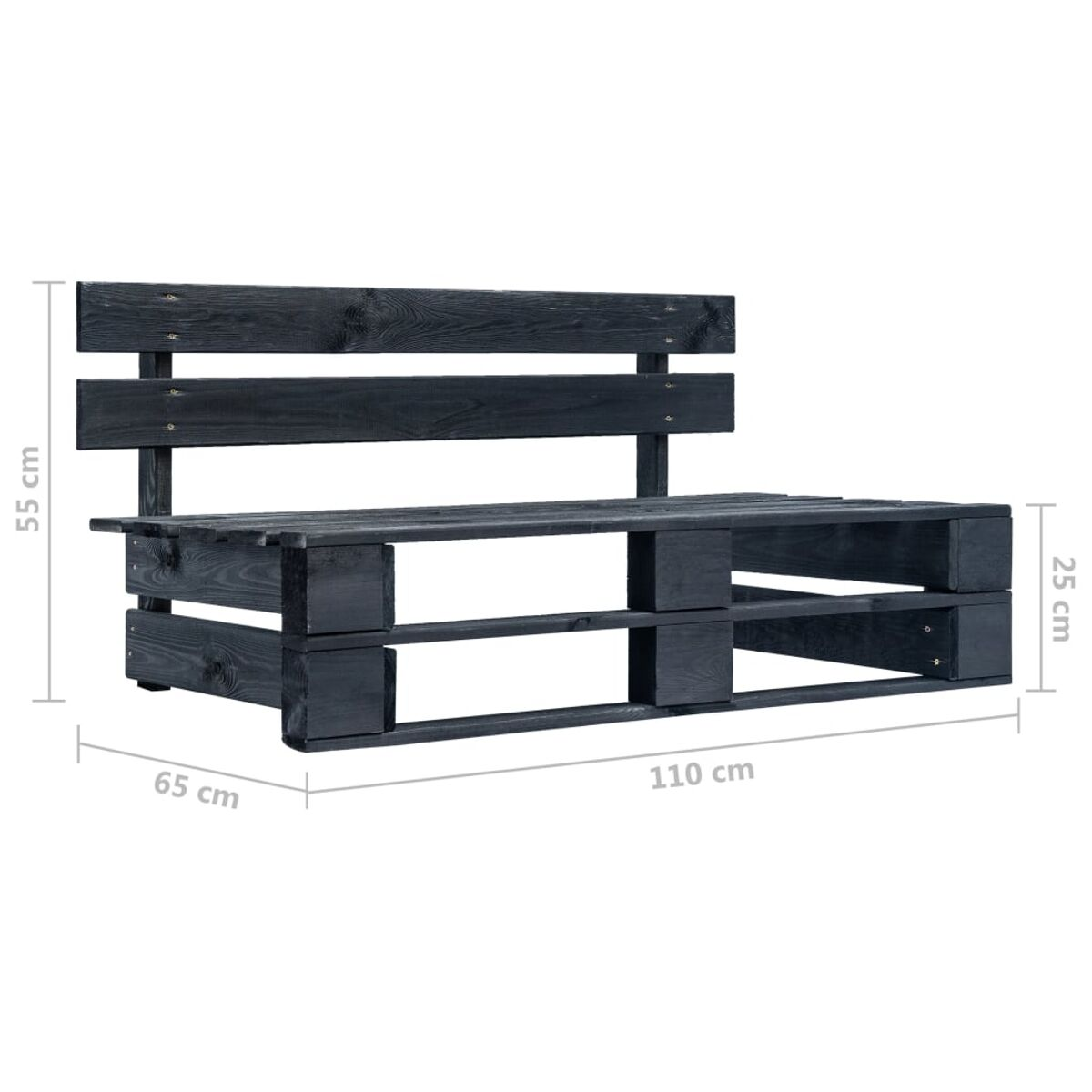 Schwarze Holzpalettenbank. Abmessungen: 110x65x55 cm.