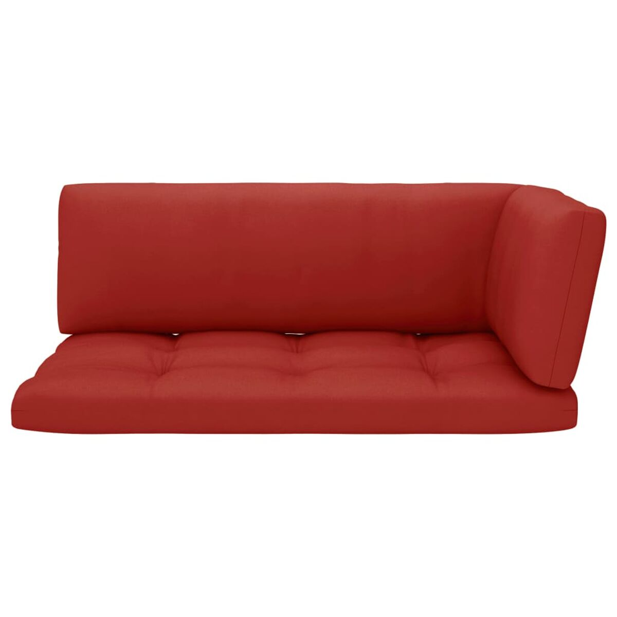Rotes Ecksofa-Kissen mit Knopfdetails auf weißem Hintergrund.