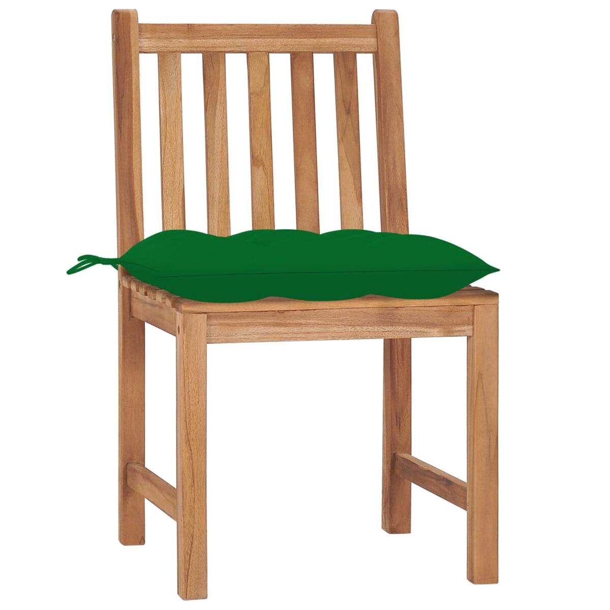 Holzstuhl mit einem grünen bohnenförmigen Kissen. Das Kissen ist am Stuhl befestigt.