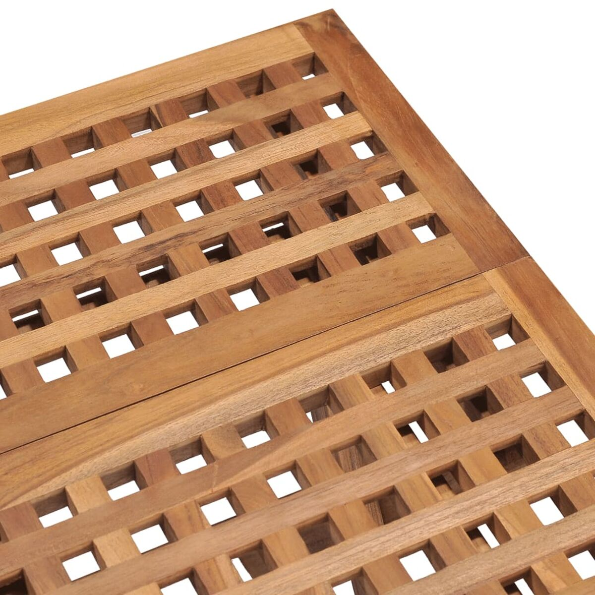 Holztischplatte mit einem Rastermuster aus quadratischen Aussparungen, hellbraun.