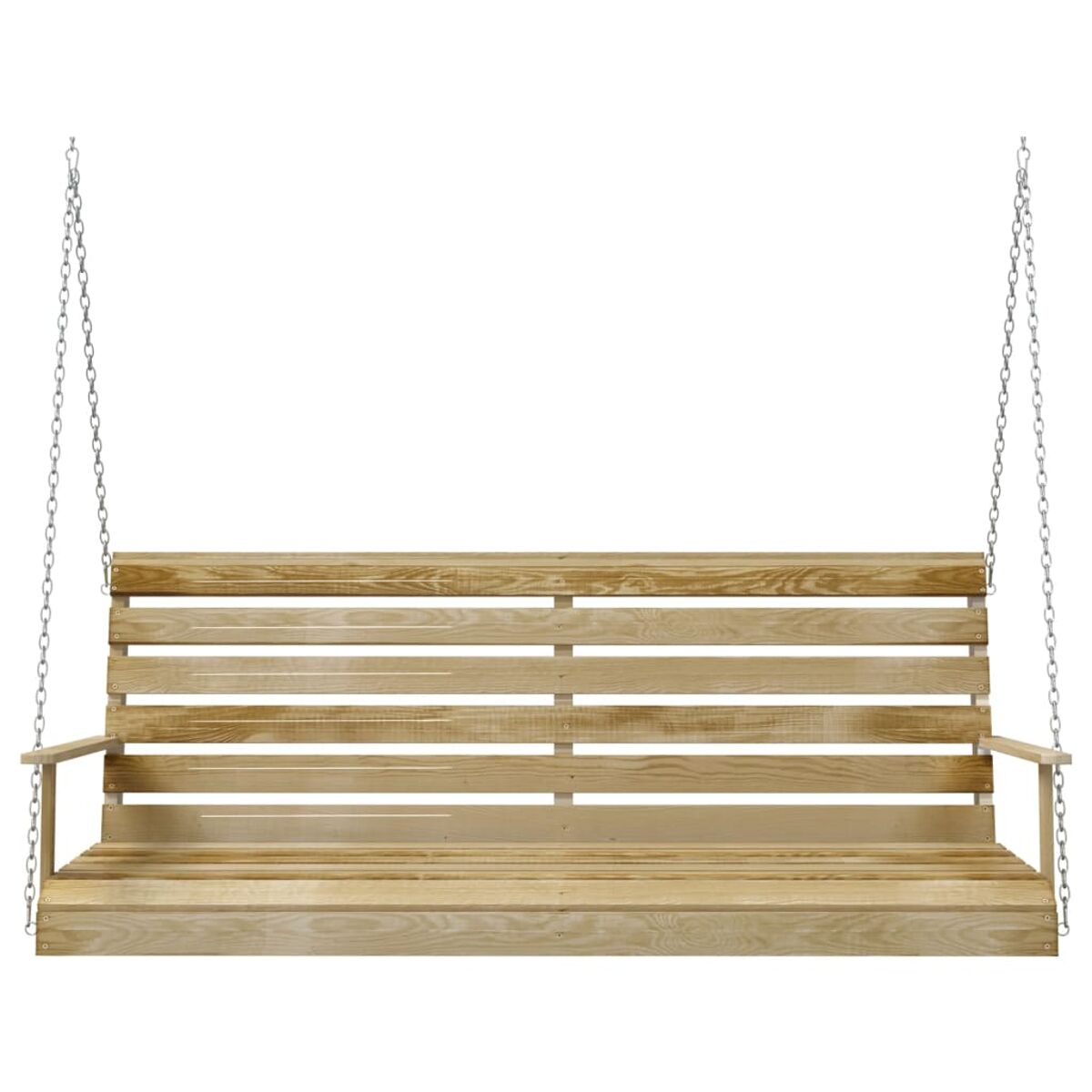 Schaukelbank aus Holz mit Ketten. Der Hintergrund ist weiß.