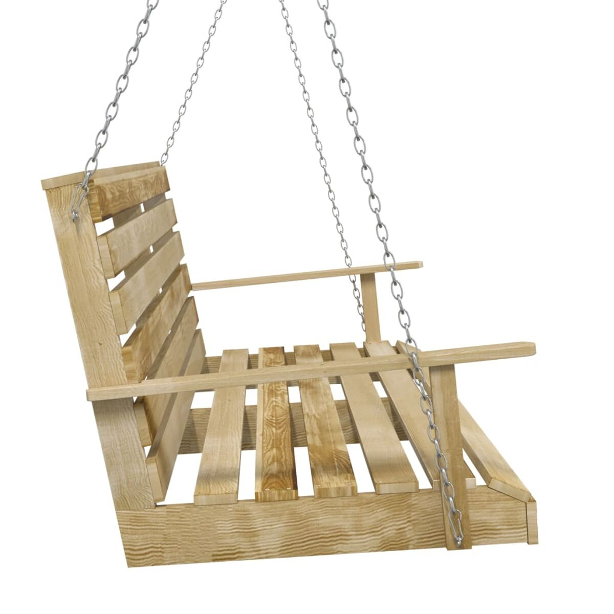 Holzschaukelstuhl, an Ketten aufgehängt. Der Stuhl hat eine Lattenlehne und -sitz.