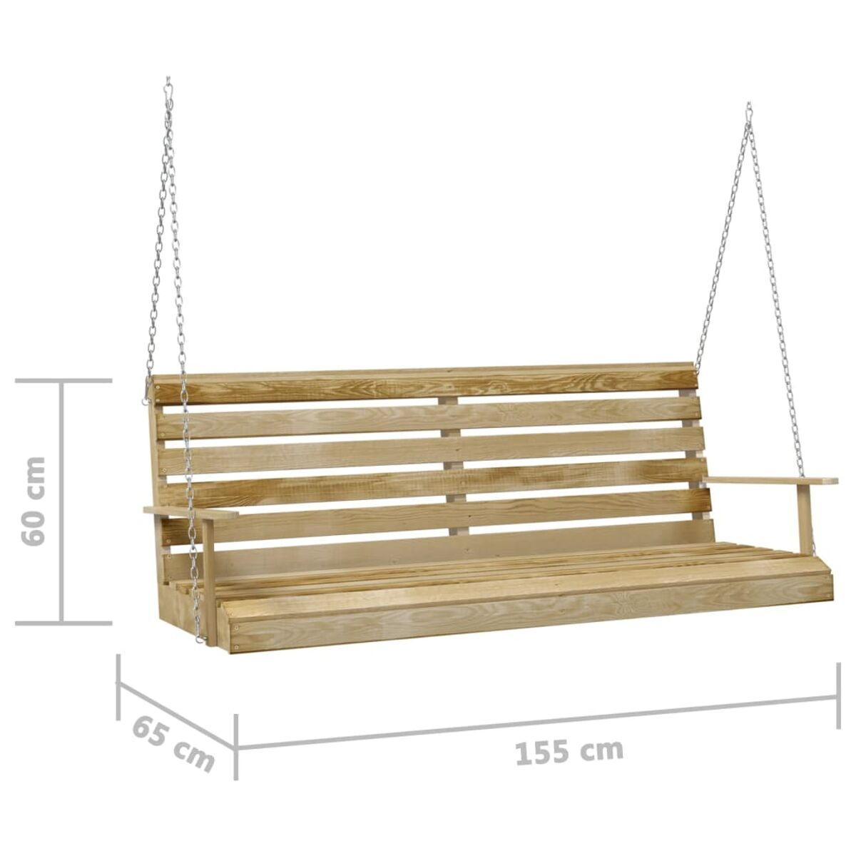 Holzschaukelbank an Ketten aufgehängt. Abmessungen: 155 cm Breite und 60 cm Höhe.