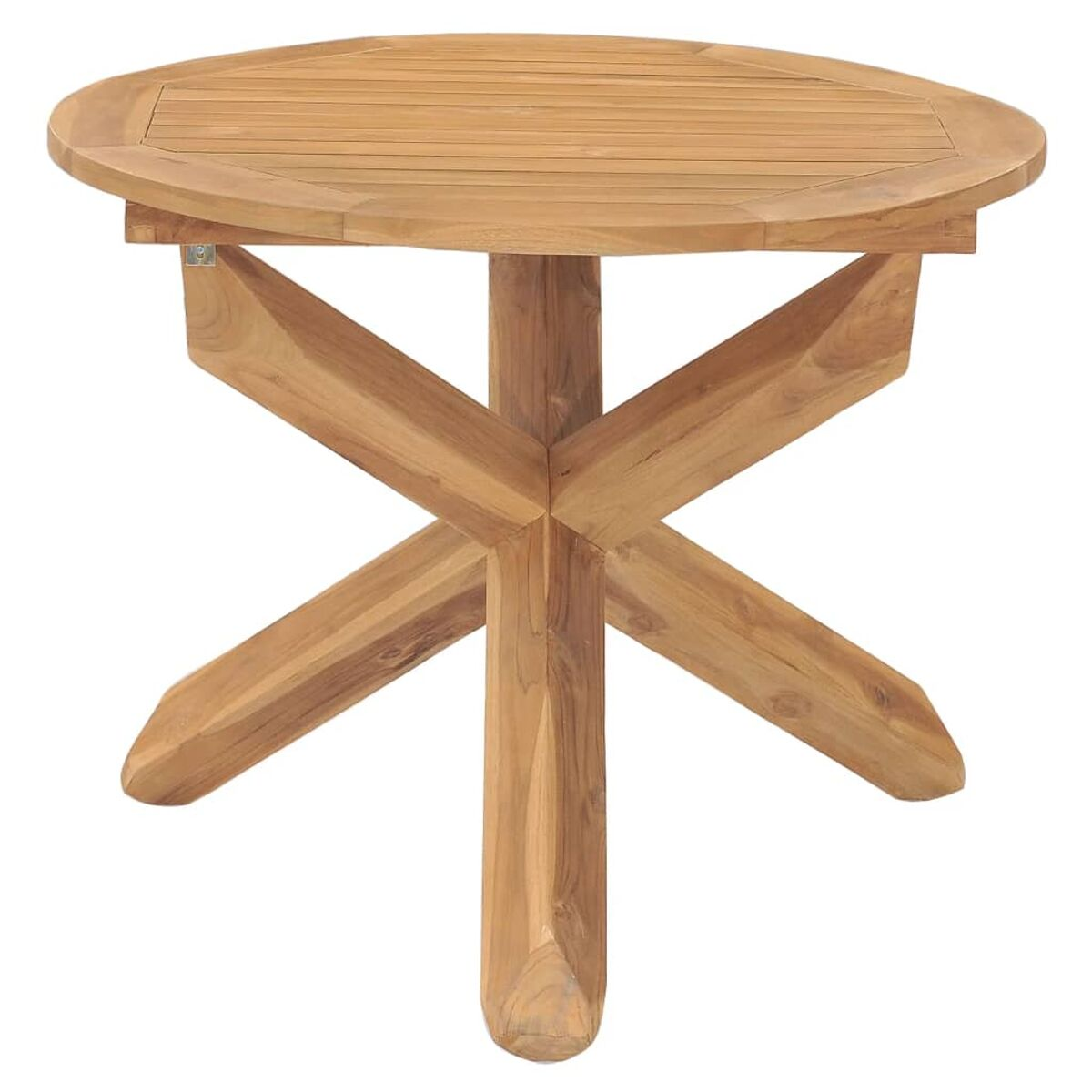 Runder Holztisch mit X-förmigem Fuß und Lattenoberfläche.