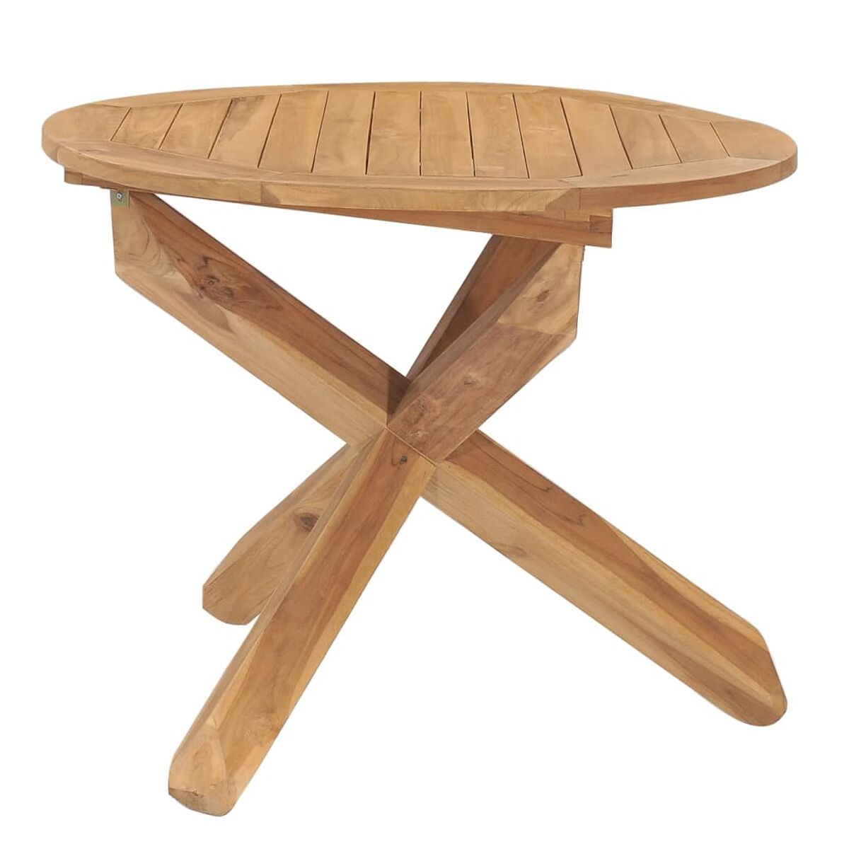 Ein Holztisch mit Kreuzbeinen und einer Lattenoberseite. Der Tisch ist zusammengeklappt.