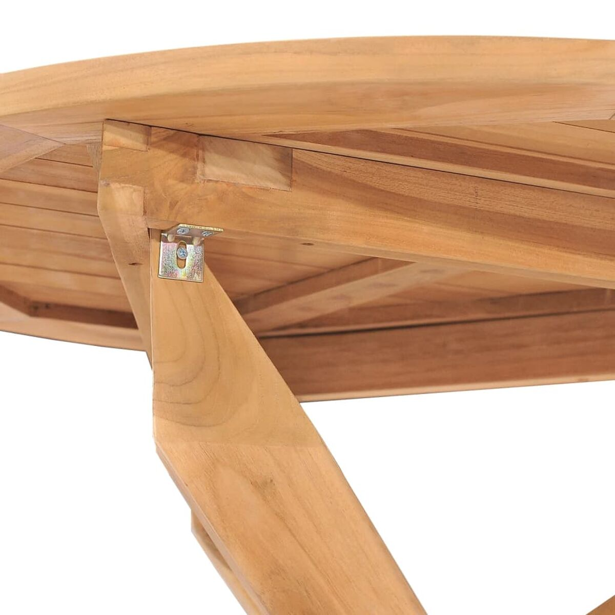 Nahaufnahme eines Holztisches mit Metallhalterungsdetail.