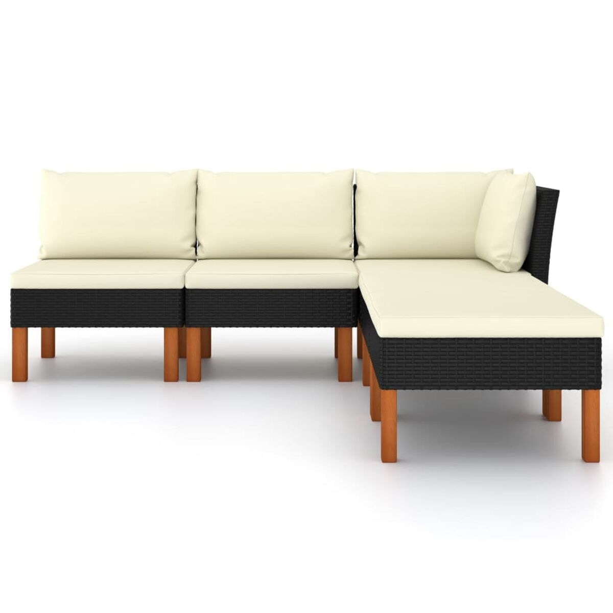 L-förmiges Outdoor-Sofa mit schwarzer gewebter Struktur, cremefarbenen Kissen und Holzbeinen. Weißer Hintergrund.