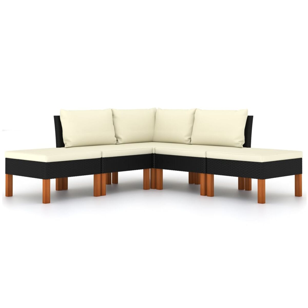 Schwarz-beiges Ecksofa auf weißem Hintergrund. Holzbeine. L-förmiges Design.