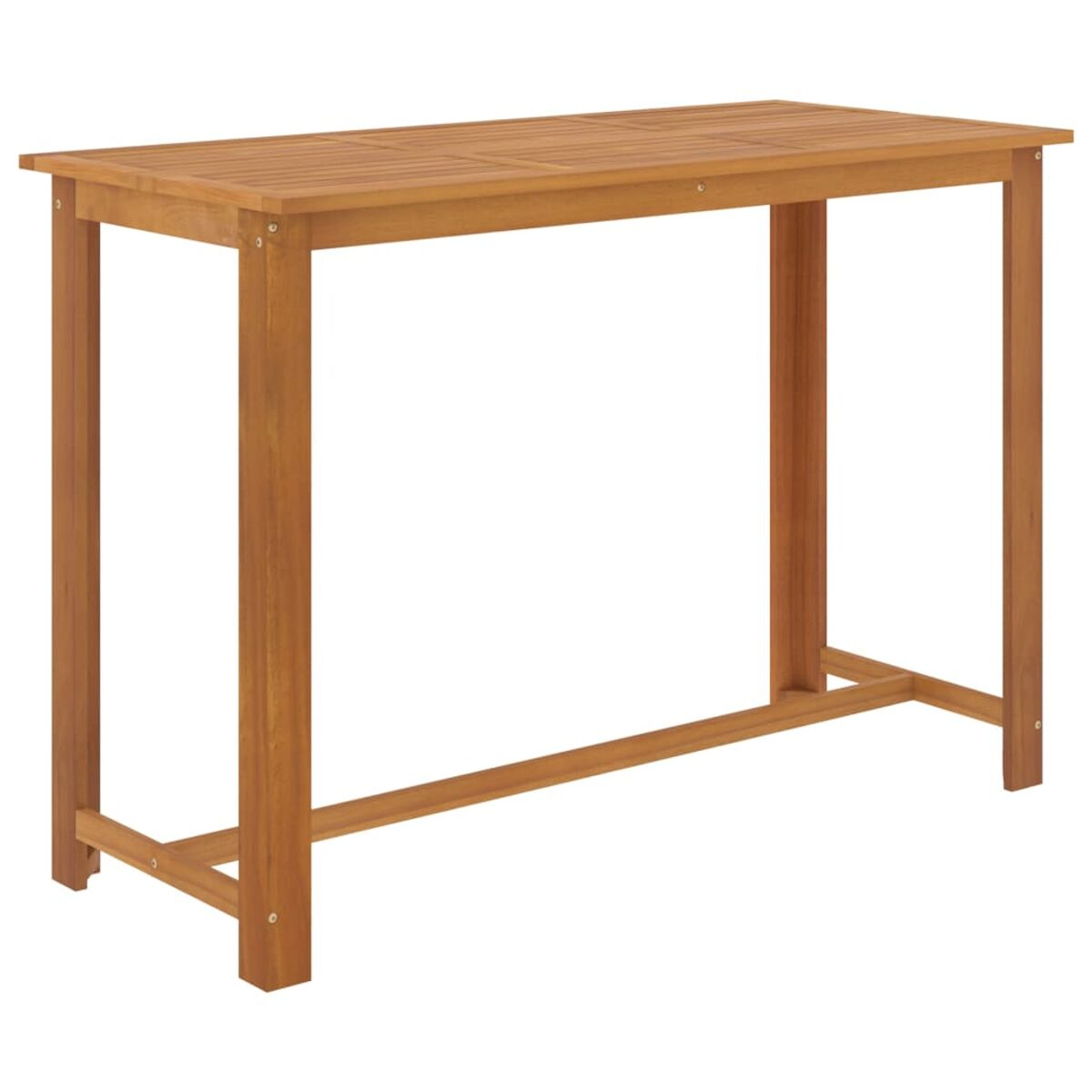 Holz-Bartisch mit vier Beinen. Er ist rechteckig. Weißer Hintergrund.