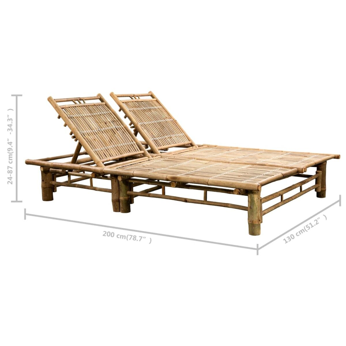 Zwei Bambus-Sonnenliegen mit Abmessungen und Maßen auf weißem Hintergrund.