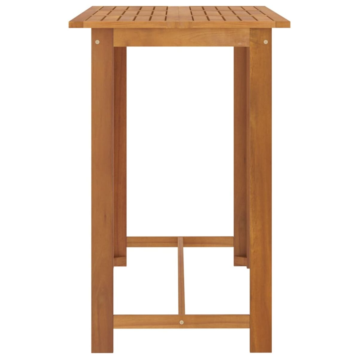 Holz-Bartisch. Braunes Holz. Quadratische Oberseite mit Latten. Vier Beine.