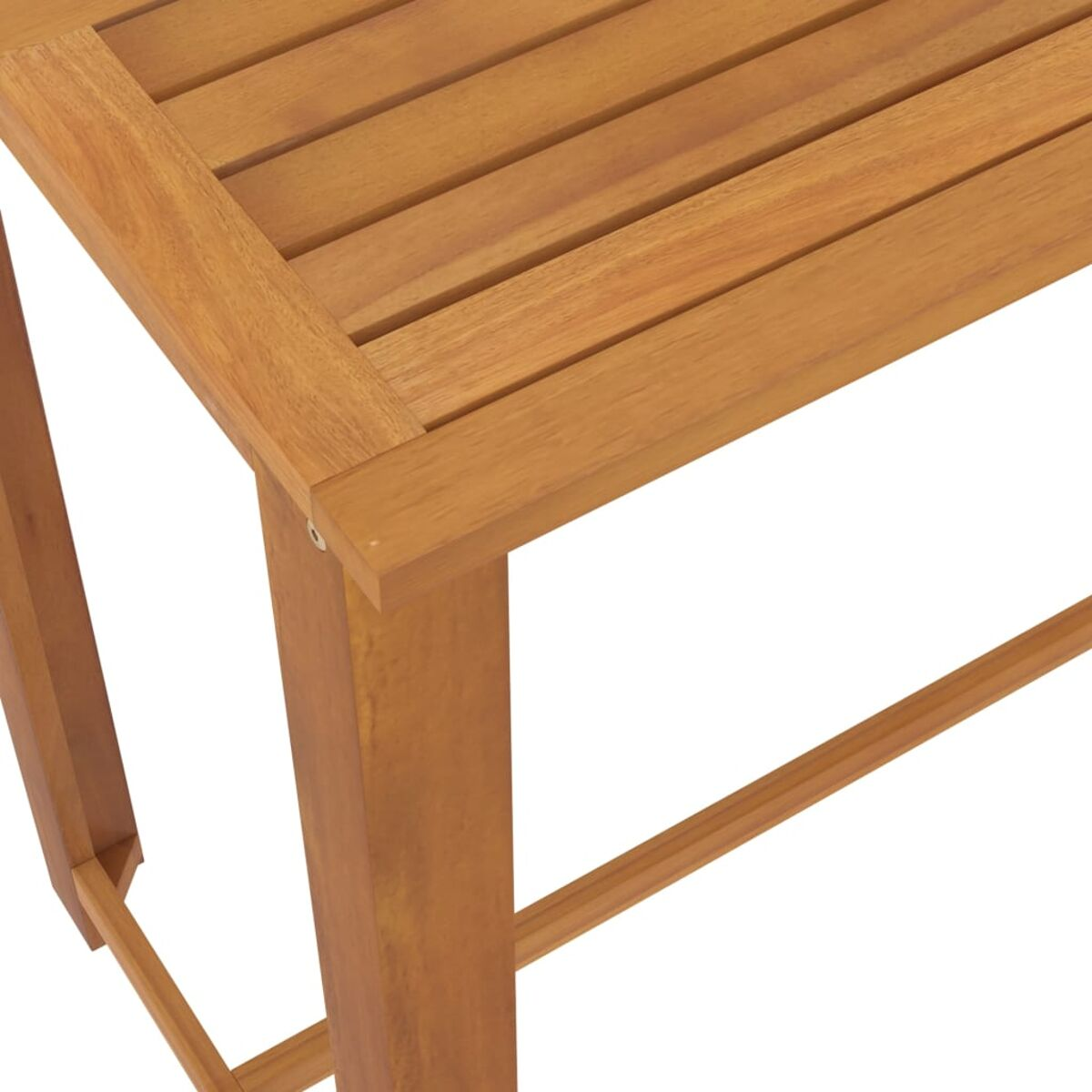 Nahaufnahme einer Ecke eines Holztisches. Zeigt die Holzmaserung und Konstruktion.