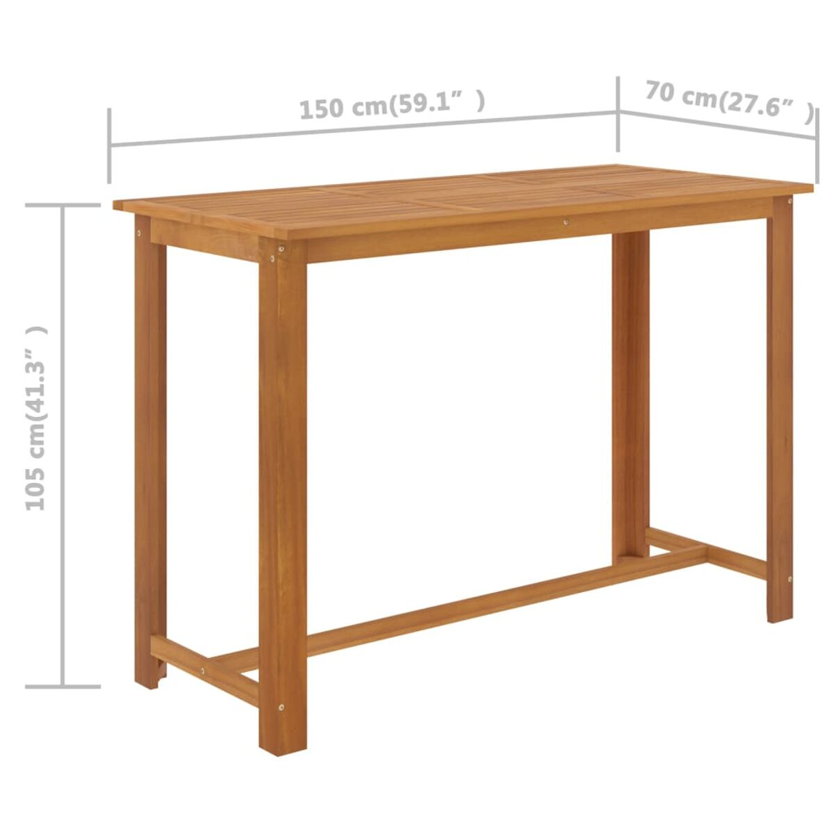 Holz-Bartisch mit den Maßen: 150 cm Breite, 70 cm Tiefe und 105 cm Höhe. Auf weißem Hintergrund.