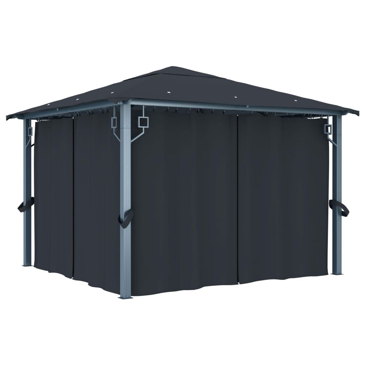 Ein schwarzer Pavillon mit Vorhängen. Der Pavillon hat ein schwarzes Dach und graue Stützen.