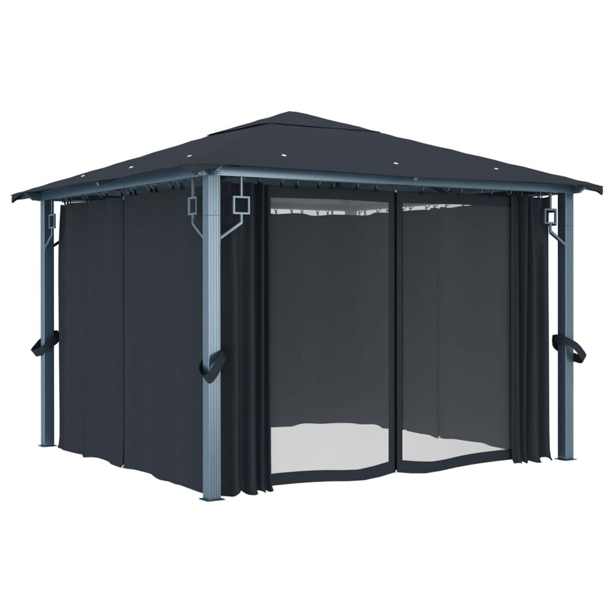 Pavillon mit schwarzem Dach und Vorhängen, Metallrahmen und transparenten Fensterpaneelen.