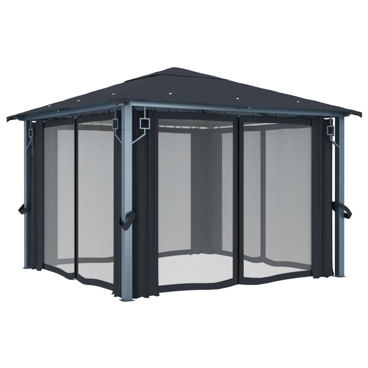Schwarzer Pavillon mit Vorhängen. Dunkles Dach, vor weißem Hintergrund.