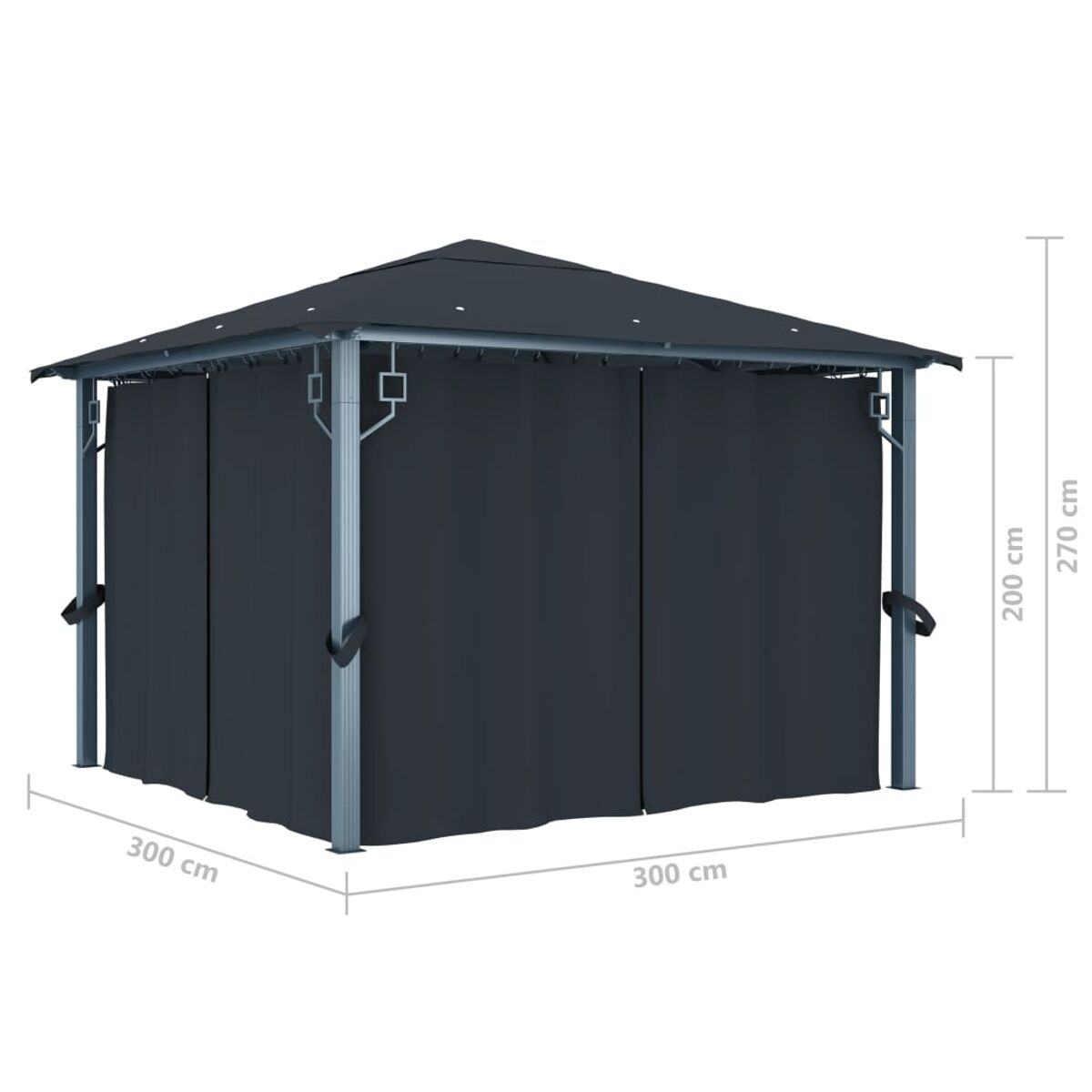 Dunkelgrauer Pavillon mit Vorhängen, Maße sind angegeben. Isoliert auf weißem Hintergrund.