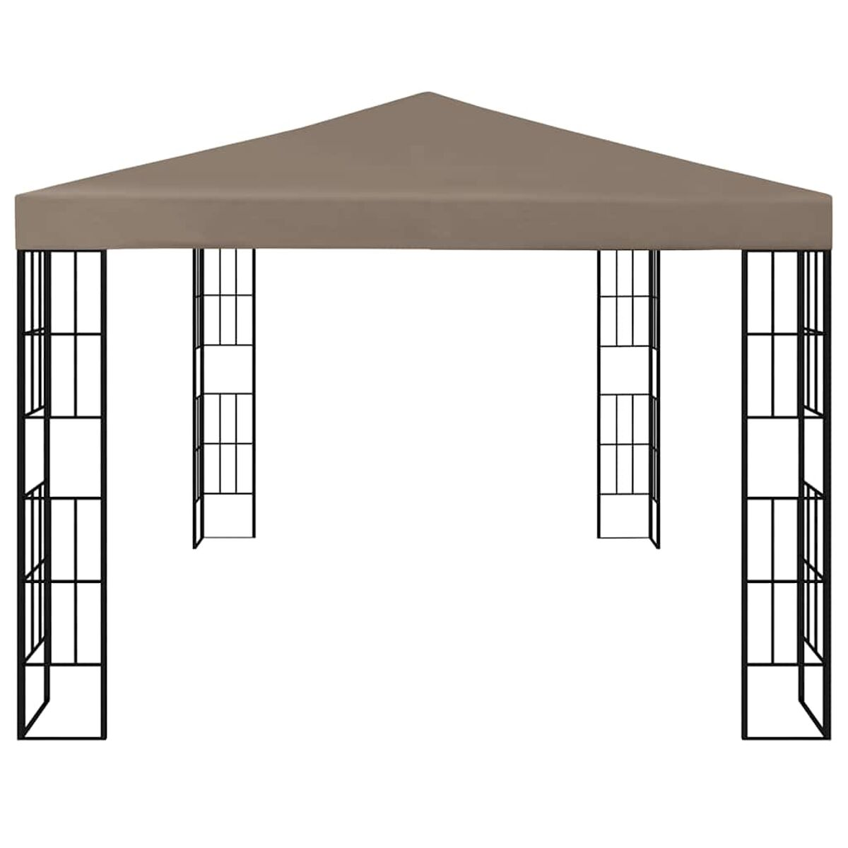 Gazebo beige con tetto marrone e supporti strutturali neri. È all'aperto.