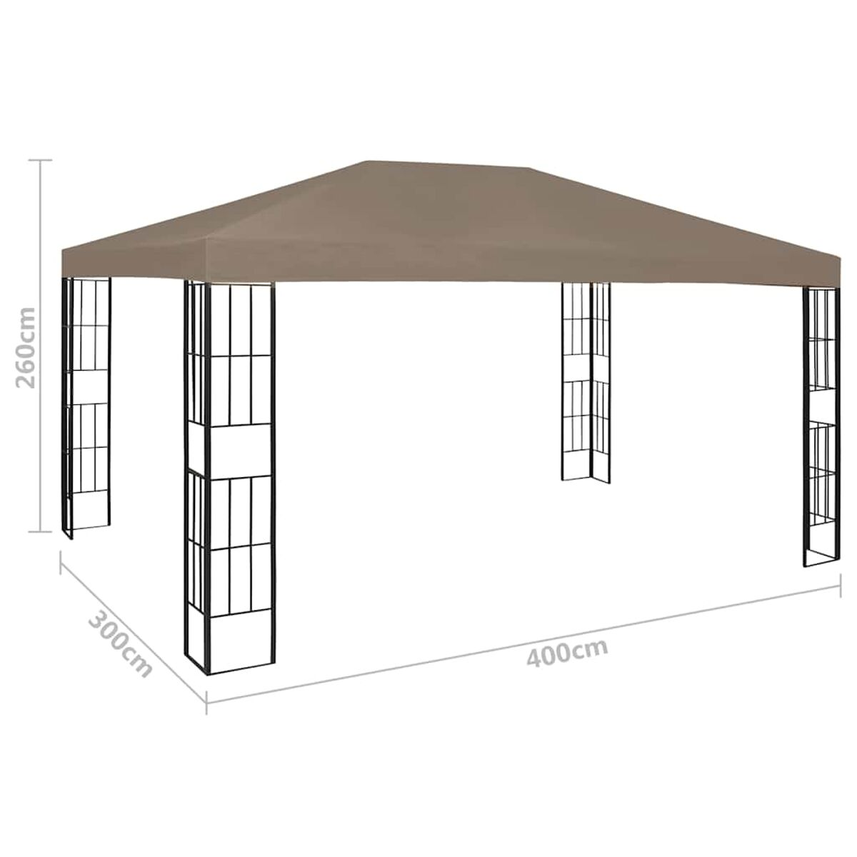 Gazebo esterno beige con tetto marrone, struttura nera e dimensioni indicate. Isolato.