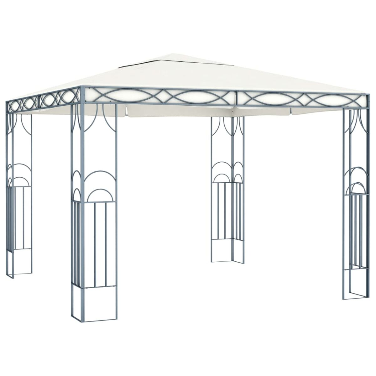 Weißer Pavillon mit grauem Rahmen. Er hat ein quadratisches Dach und dekorative Metallstützen.