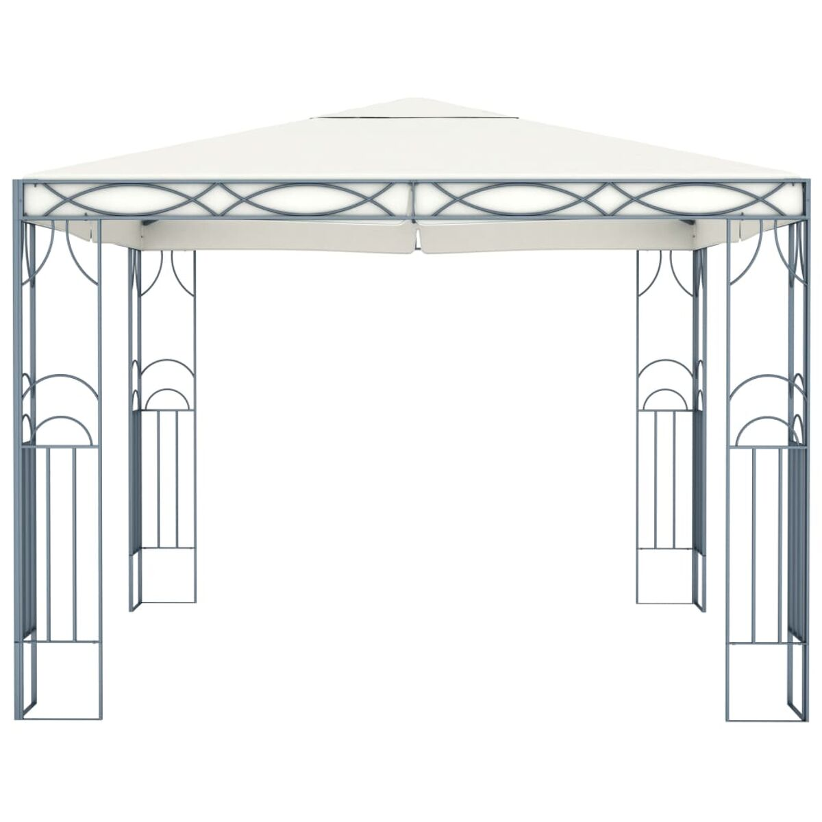 Weißer Pavillon mit grauem Metallrahmen. Die Oberseite ist quadratisch und wird von vier Beinen getragen.