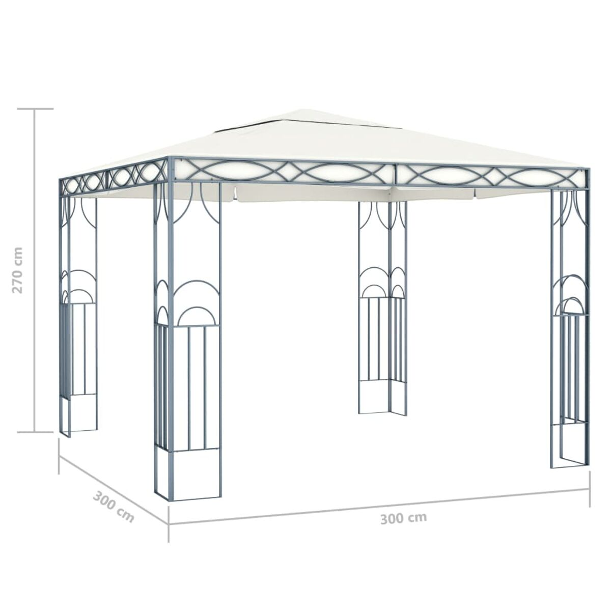 Weißer Pavillon mit Metallrahmen. Maße sind 300x300x270 cm.