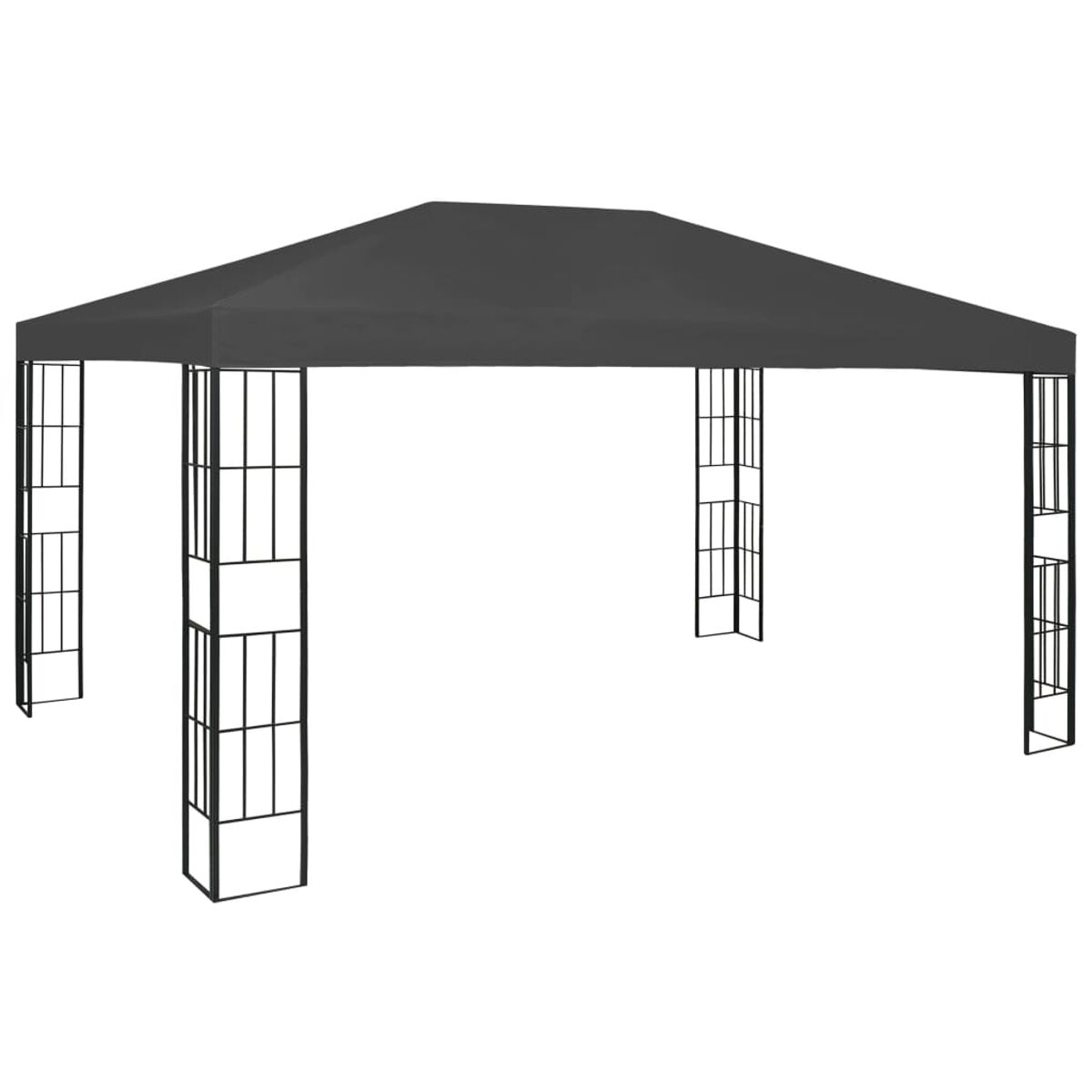 Ein großer, dunkelgrauer Pavillon mit Spitzdach, vor weißem Hintergrund.