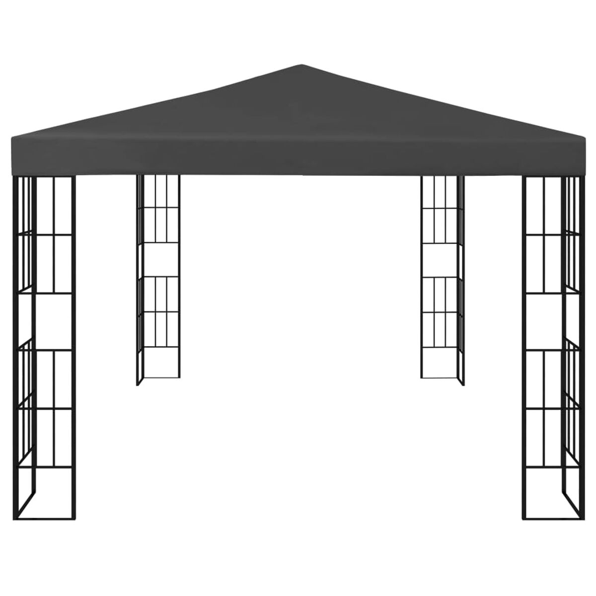 Schwarzer Metallpavillon mit grauem Dach. Der Pavillon hat eine quadratische Rahmenstruktur.