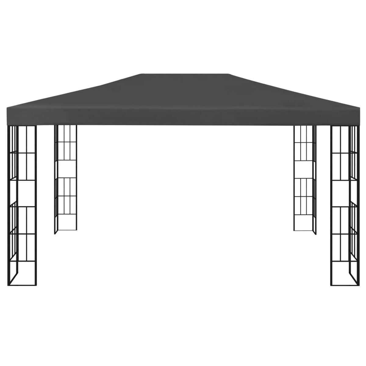 Dunkelgrauer Pavillonrahmen, schwarze Zierleisten. Keine Vorhänge, einfaches Design. Weißer Hintergrund.