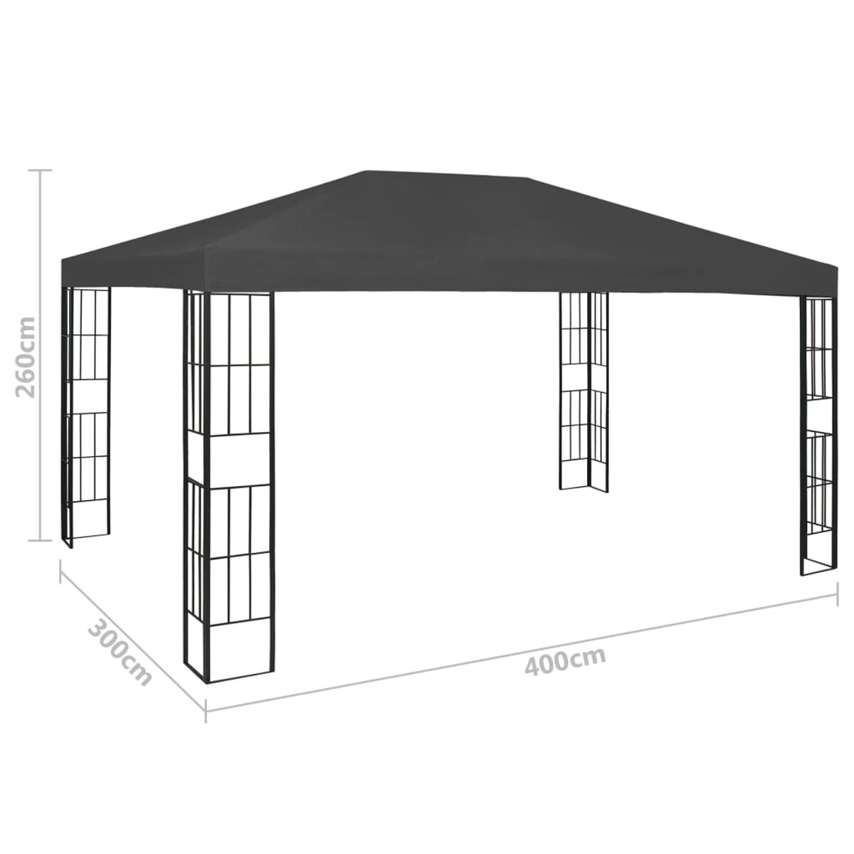 Ein schwarzer Pavillon, Abmessungen angezeigt. 260cm hoch, 300cm breit und 400cm lang. Weißer Hintergrund.