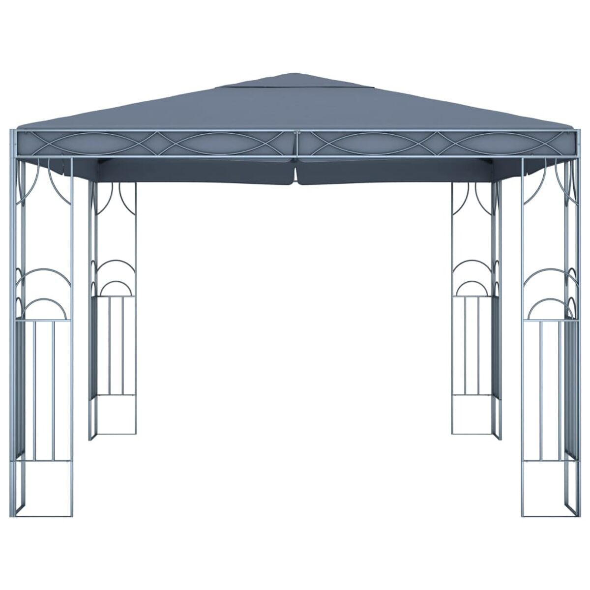 Grauer Pavillon. Rechteckiger Rahmen mit grauem Dach. Weißer Hintergrund.