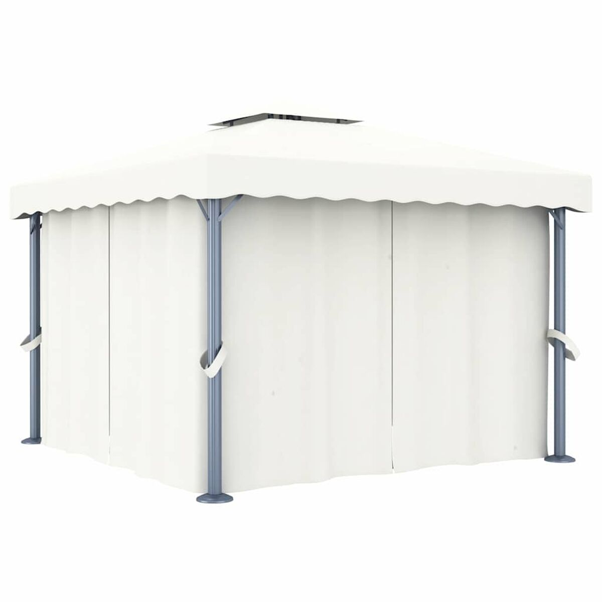 Ein weißer Pavillon mit weißen Vorhängen und grauen Stützpfosten vor weißem Hintergrund.