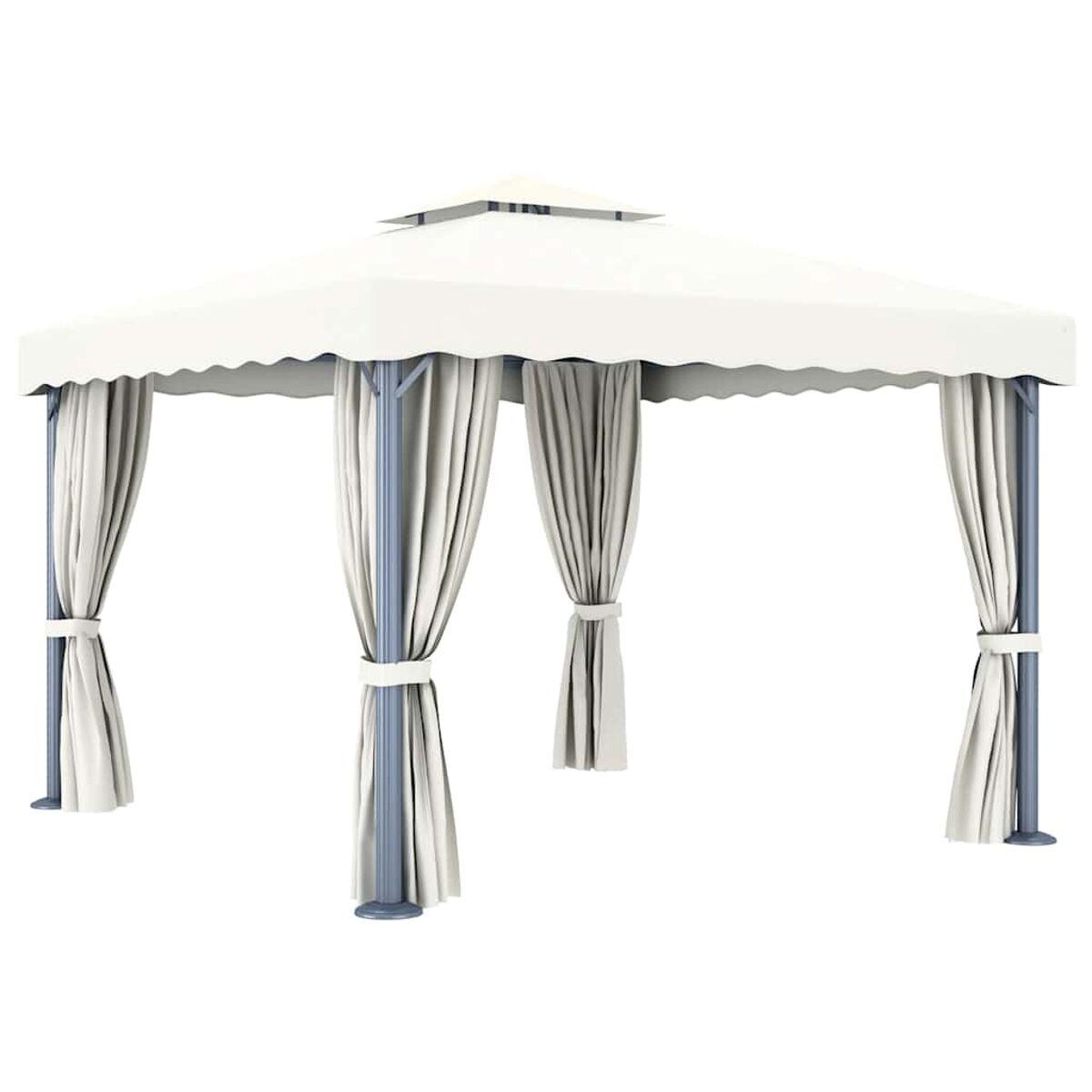 Weißer Pavillon mit Vorhängen. Die Struktur hat ein quadratisches Dach und wird von Pfosten getragen.
