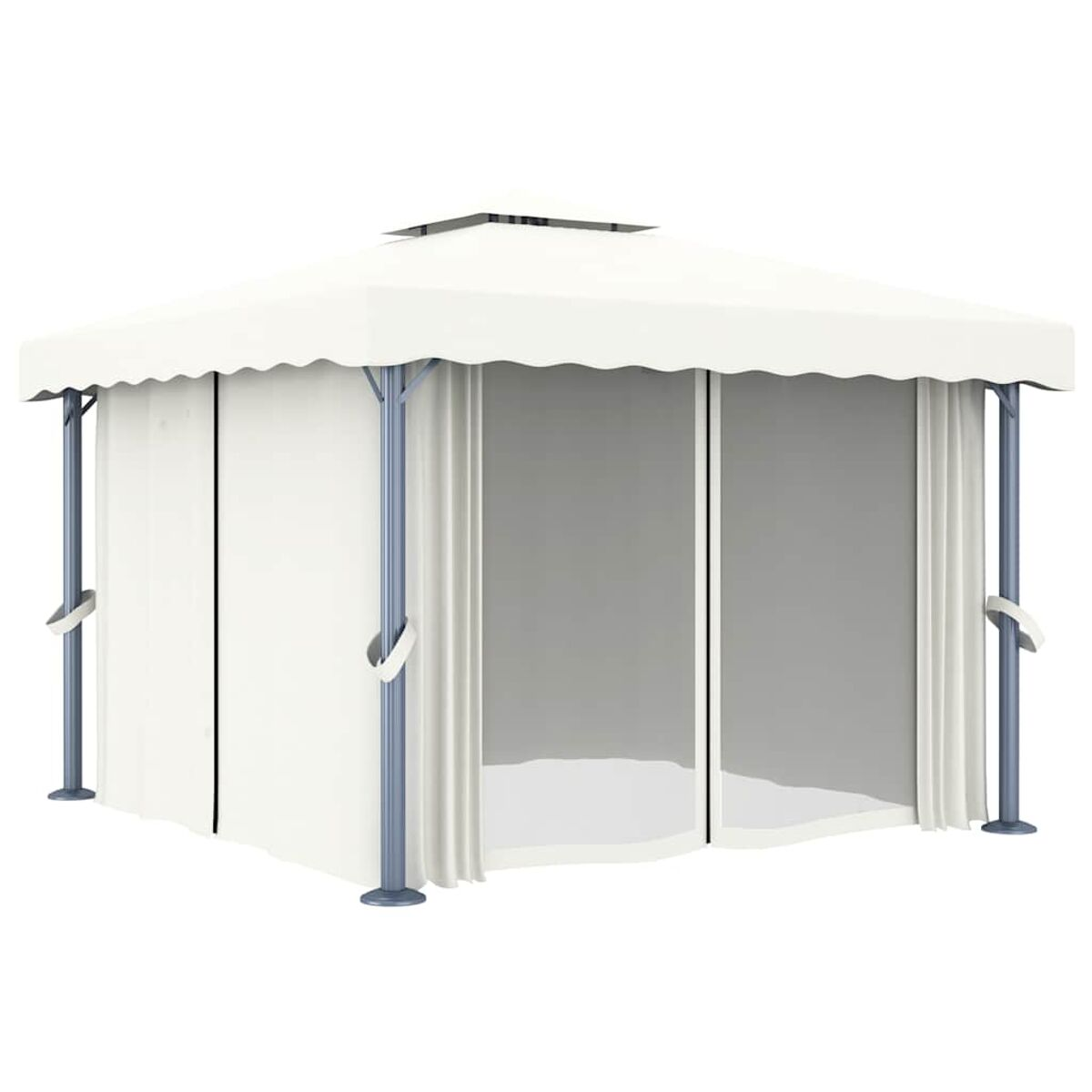 Weißer Pavillon mit Vorhängen und Metallrahmen. Weißer Hintergrund.