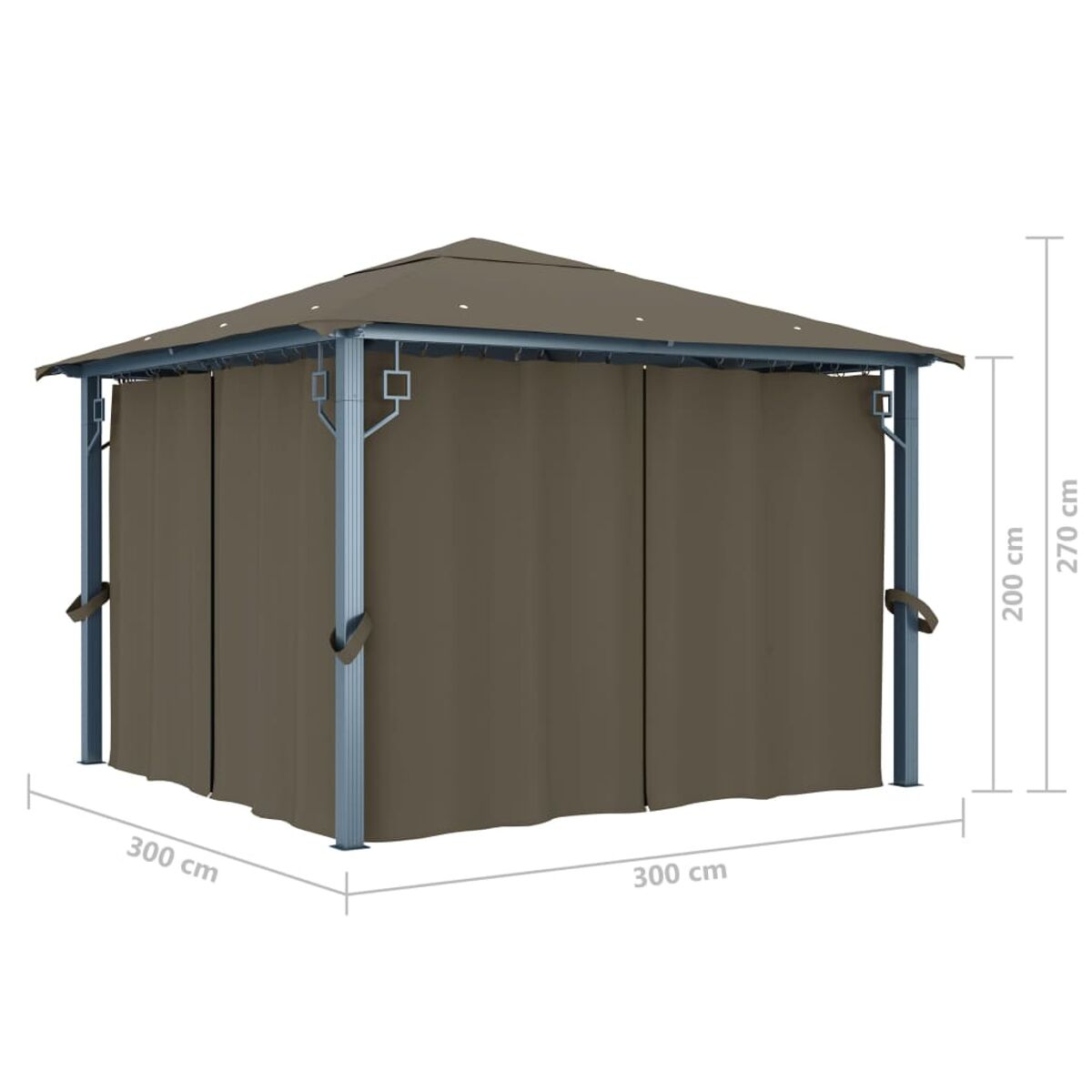Gartenpavillon mit Maßen. Braune Stoffvorhänge. Silberner Rahmen.