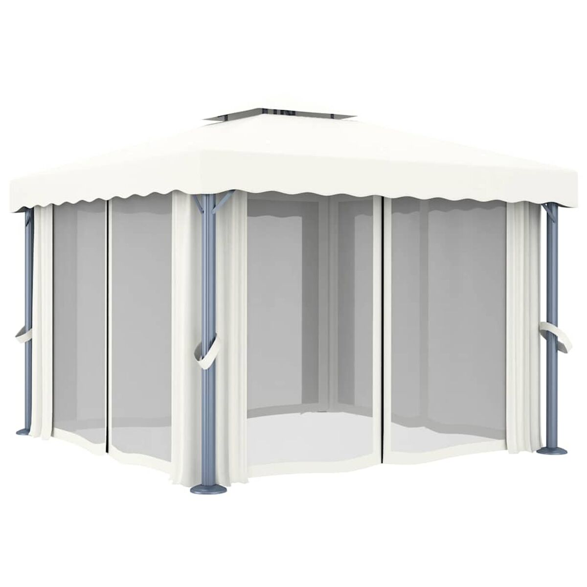 Weißer Pavillon mit Netzvorhängen. Der Pavillon hat ein Spitzdach.
