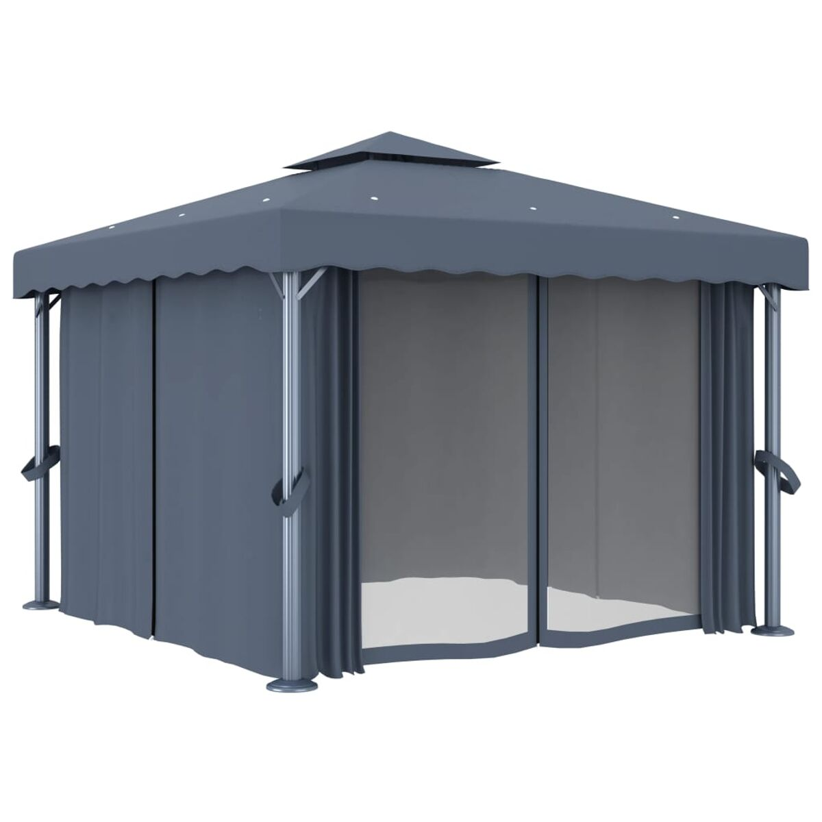 Ein grauer Pavillon mit Vorhängen. Er hat ein Spitzdach und steht auf weißem Hintergrund.