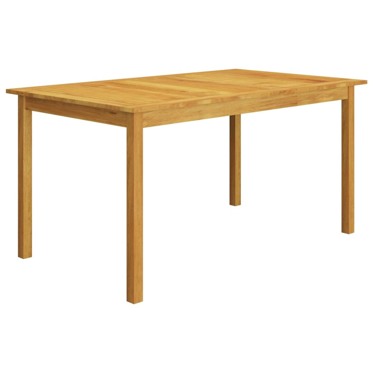 Ein rechteckiger Holztisch mit vier Beinen, aus niedriger Perspektive gesehen.
