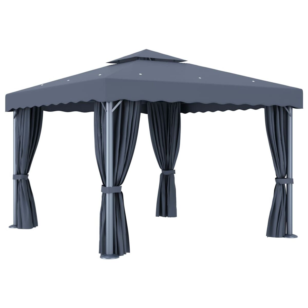 Grauer Pavillon mit Vorhängen auf weißem Hintergrund, für den Außenbereich konzipiert.