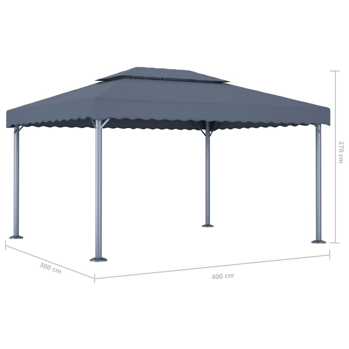 Grauer Pavillon mit Abmessungen. Zeigt das Gestell und das Dach.