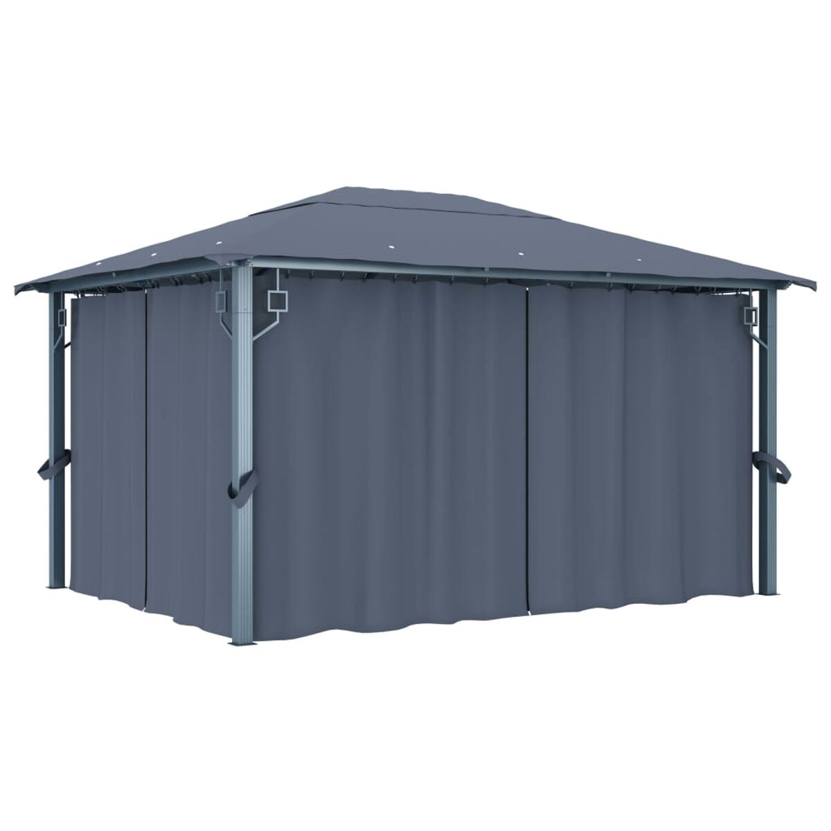 Grauer Pavillon mit dunkelgrauem Dach und Vorhängen. Der Pavillon hat ein Metallgestell.