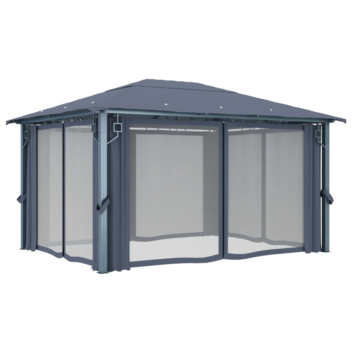 Grauer Pavillon mit Vorhängen, dunklem Dach und freier Sicht durch die transparenten Seiten.