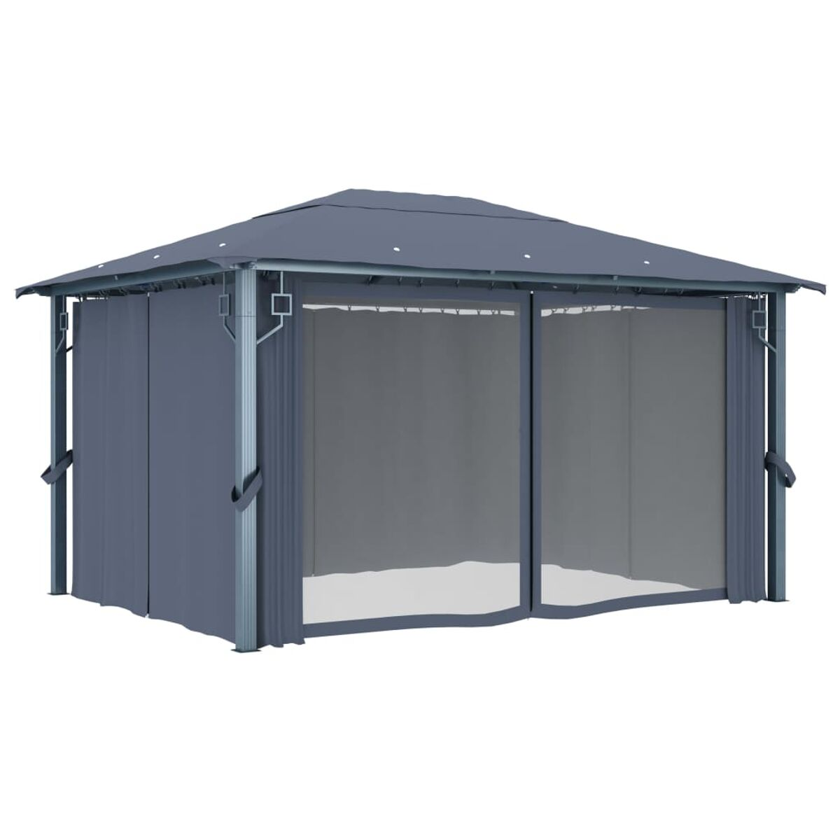 Grauer Pavillon mit Vorhängen. Ein grauer Pavillon mit Vorhängen auf weißem Hintergrund.