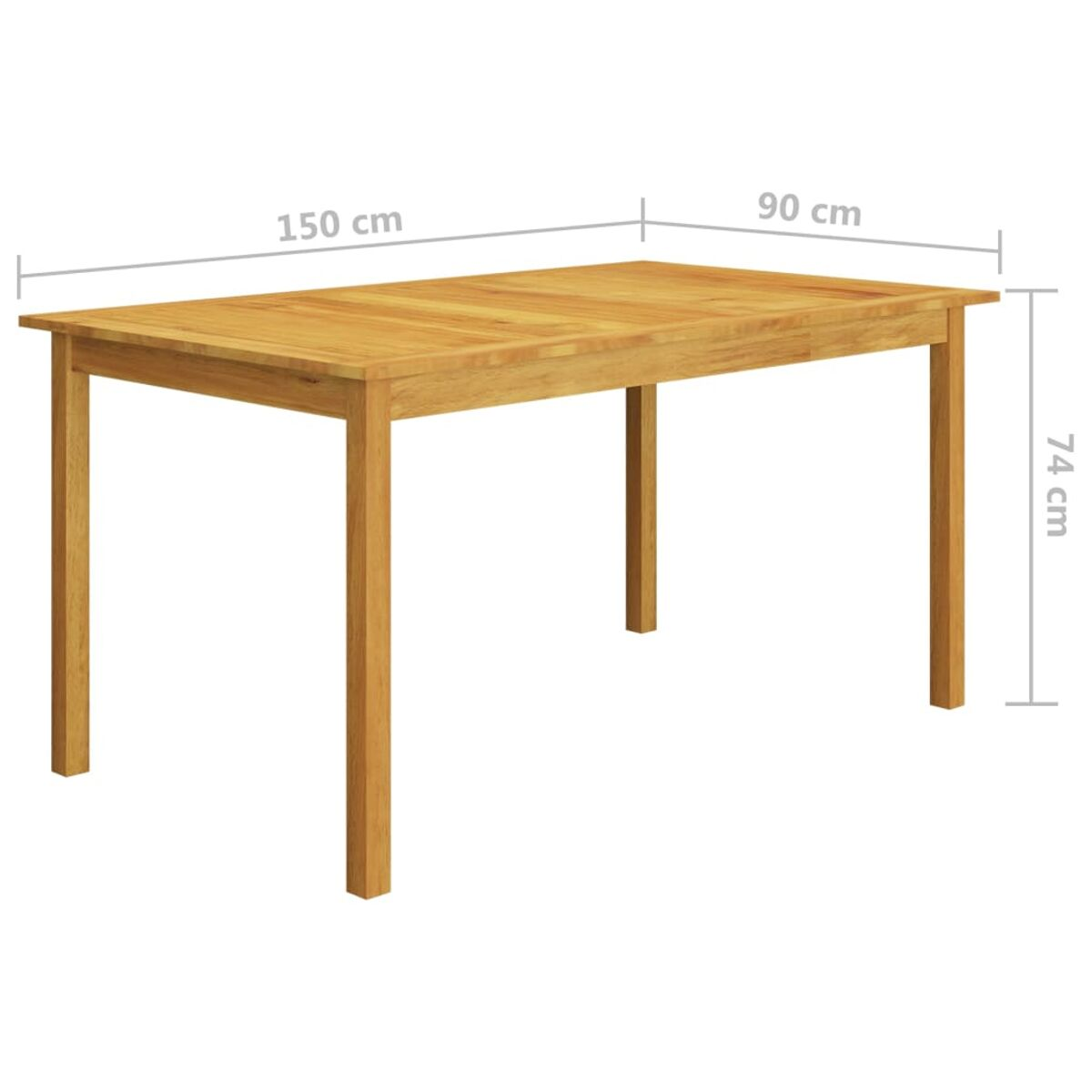 Ein rechteckiger Holztisch mit den Maßen 150 cm x 90 cm x 74 cm.