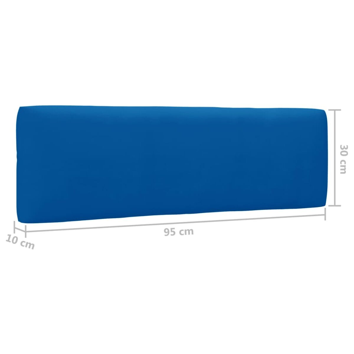 Ein blaues rechteckiges Kissen mit angezeigten Abmessungen. Es ist 95 cm lang und 30 cm breit.