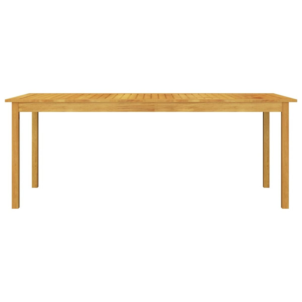 Ein rechteckiger Holztisch mit Lattenoberfläche, von vorne betrachtet.