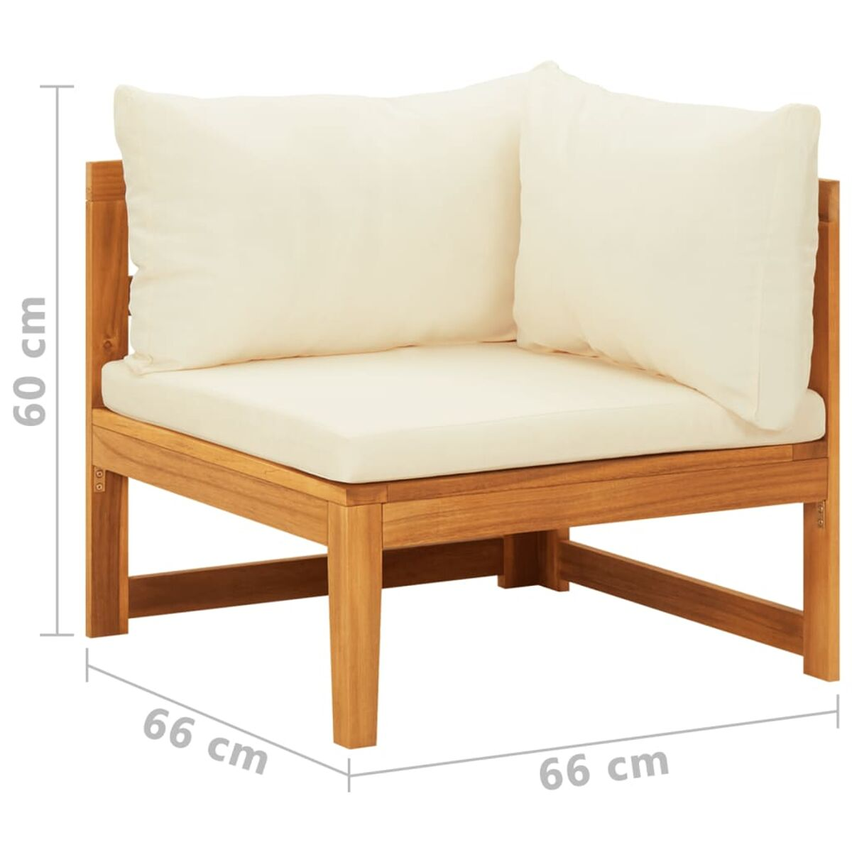 Eckstuhl aus Holz mit cremefarbenen Kissen, Maße 66x66x60cm.