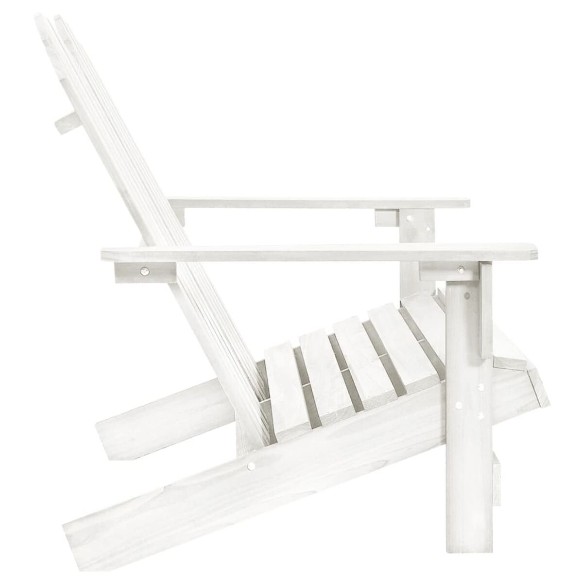 Weißer Adirondack-Stuhl aus Holz, Seitenansicht, mit abgewinkelter Rückenlehne.