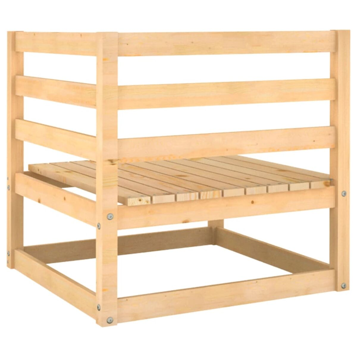 Eine Holzkonstruktion, offen, mit mehreren horizontalen Lamellen. Sie hat eine quadratische Basis.